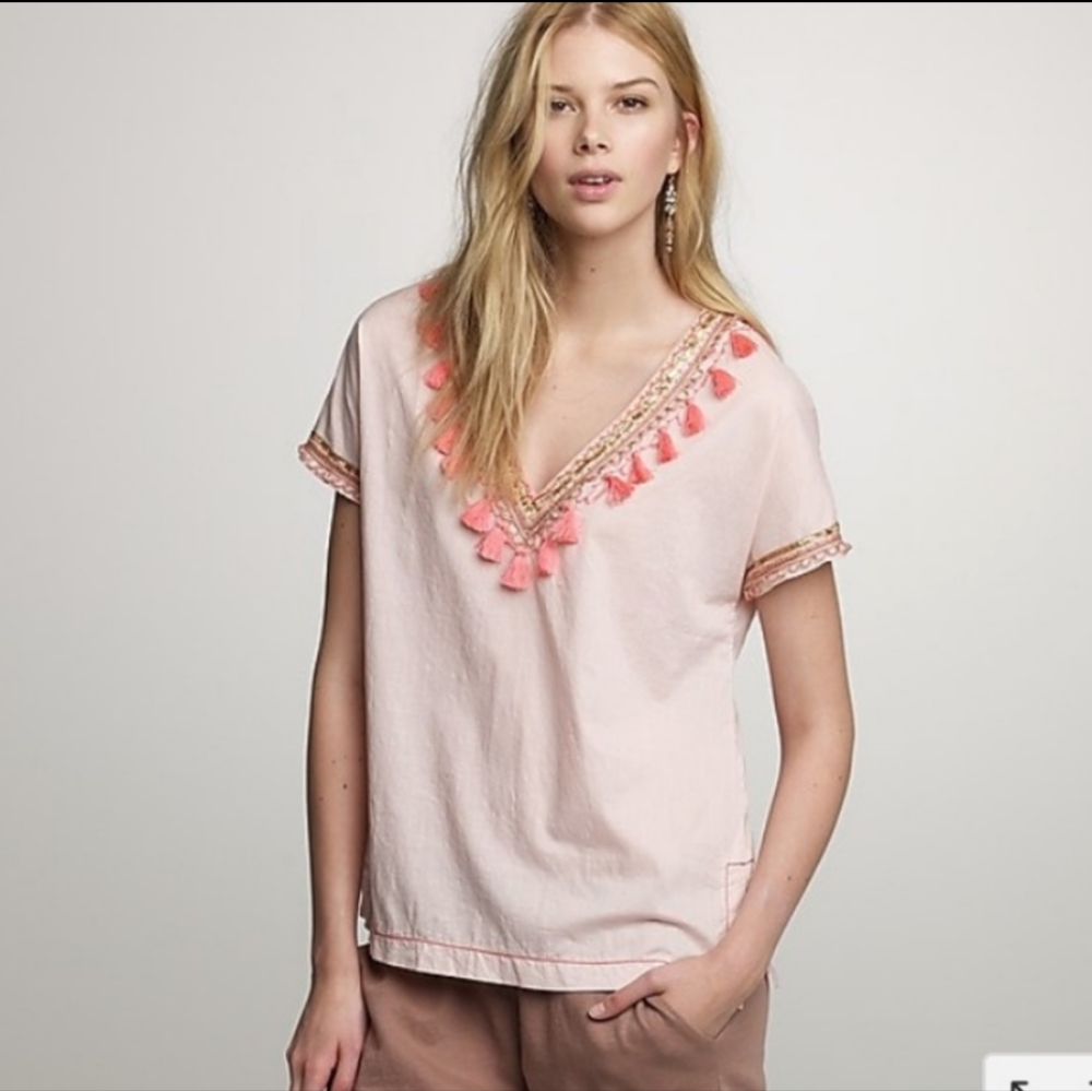 J. Crew Pink Tassel Embroidered Sequins Top Sz 2